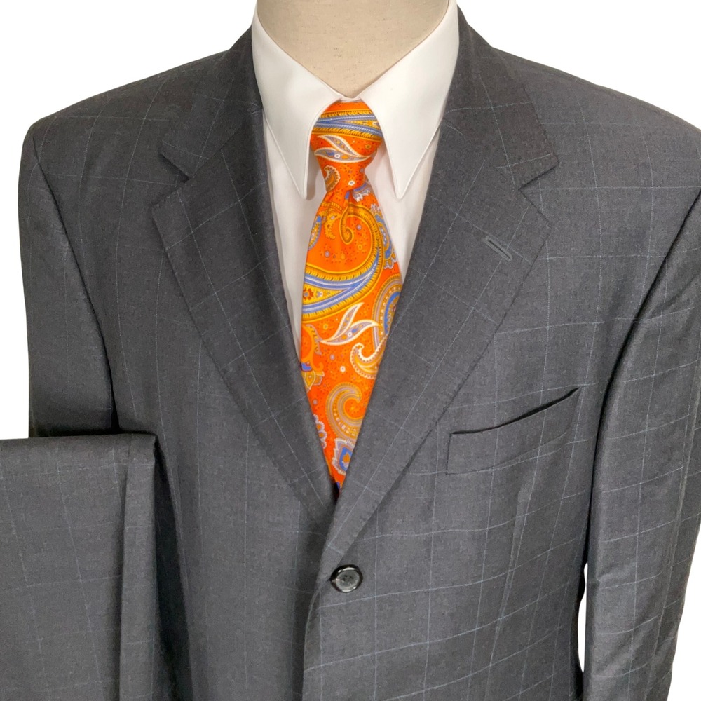 Hugo Boss Suit Men 42R Charcoal Gray Windowpane Plaid 3-Button Corporate Wool